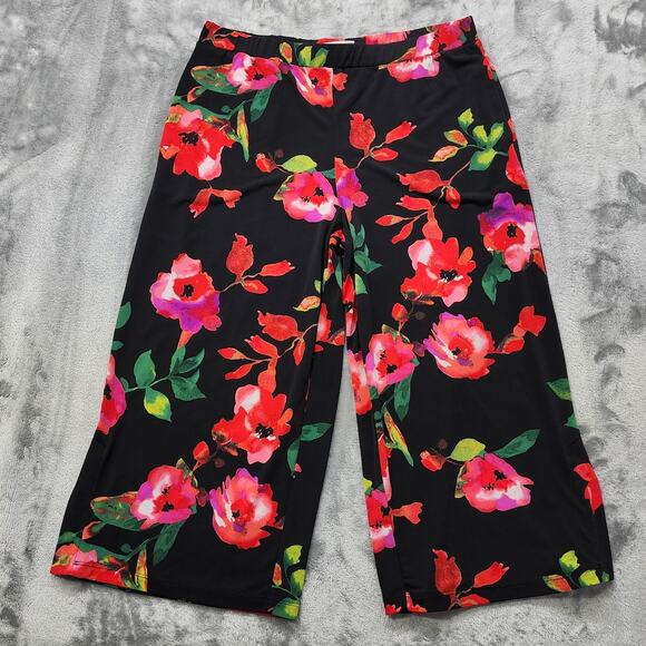 Susan Graver Pants - Susan Graver Pants Womens S Black Red Floral Pull On Crop Capri Wide Leg Palazzo